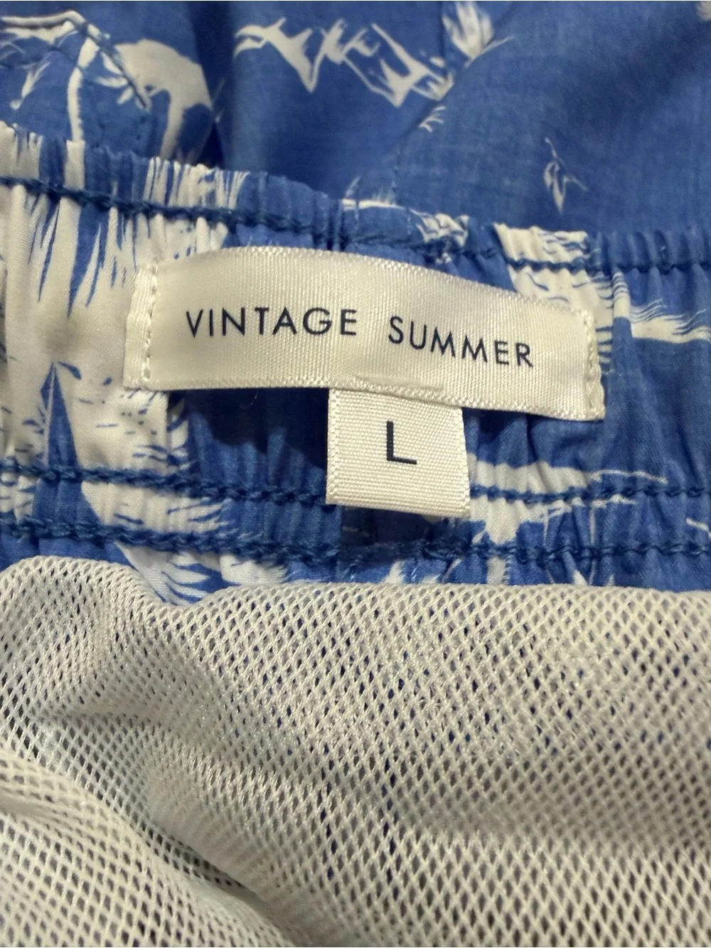 Vintage Summer Blue White Palm Tree Tropical Swim Trunks Men’s Large Mesh Lined